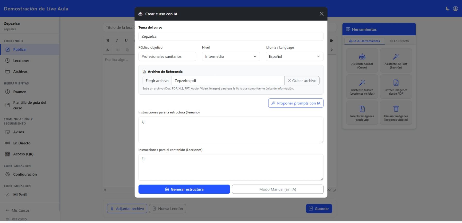 Step 1: Live Aula interface for uploading a reference PDF and configuring AI course parameters