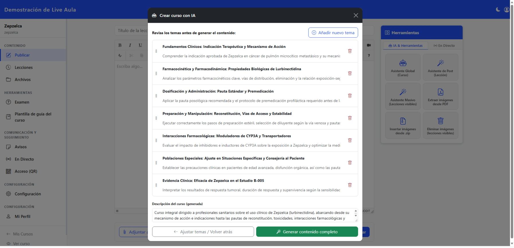 Step 2: Review and customization of AI-generated syllabus in Live Aula